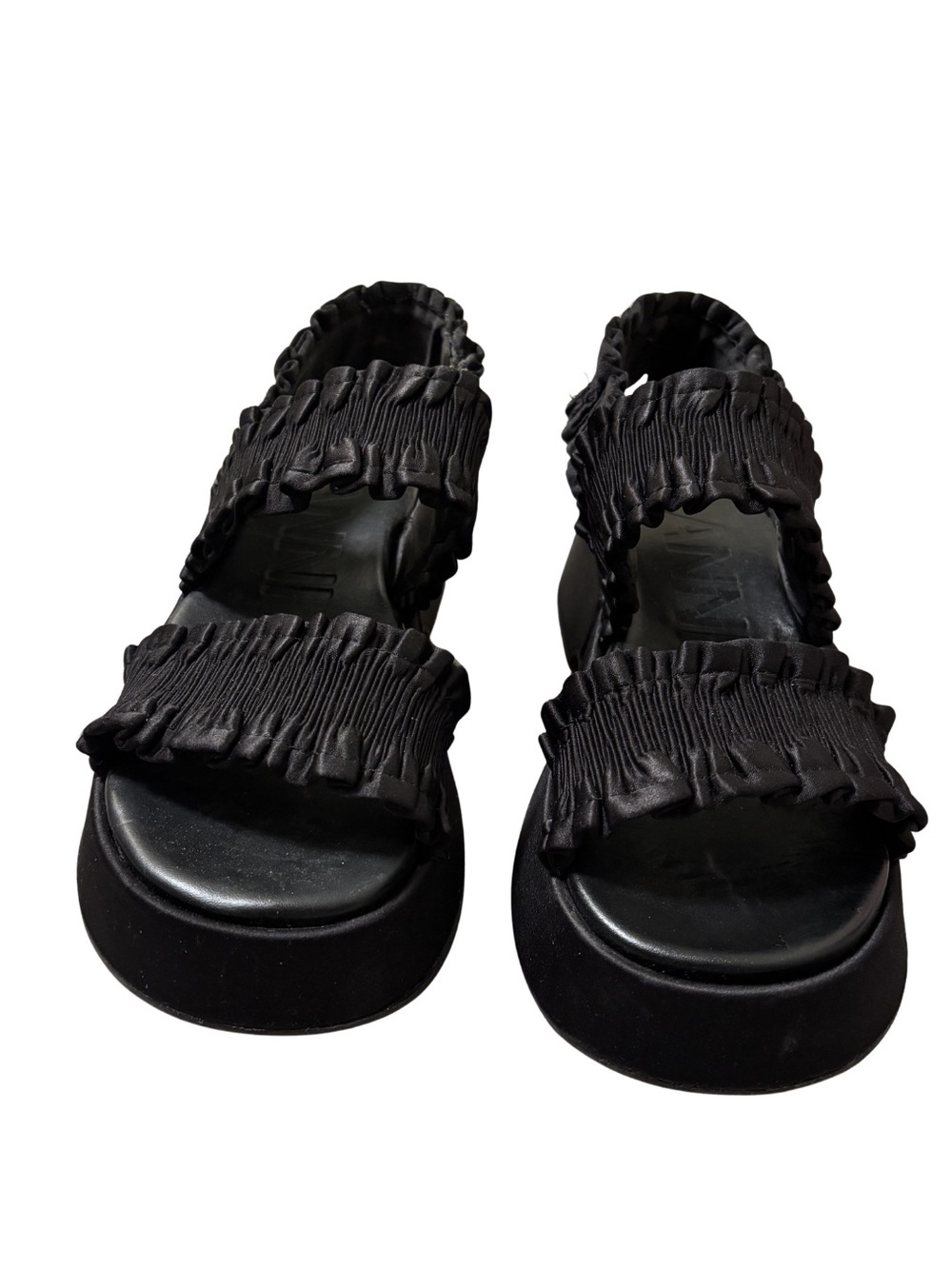 GANNI Black Smocked Satin Flatform Slingback Platform Sandals EU 38 US 8 - Picture 2 of 6